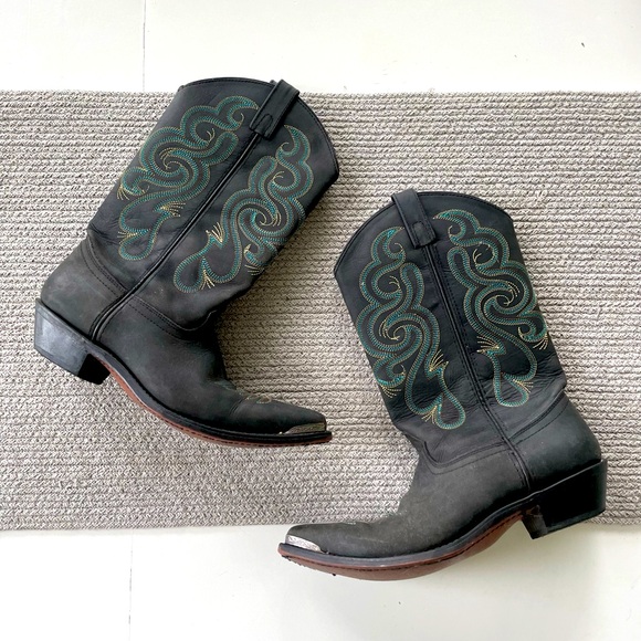 Vintage Smokey Mountain Teal Brown Embroidered Black Leather Cowboy Boots - Picture 5 of 15